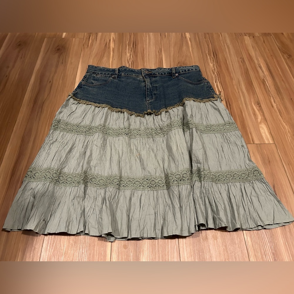 Quizz Denim and Olive Green Layered Bohemian Skirt Size 18
